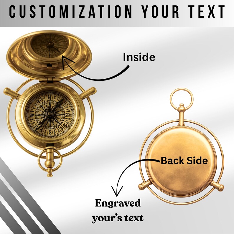 May include: A gold-colored compass with an open lid, revealing the compass face. The back side of the compass is also shown. The text "CUSTOMIZATION YOUR TEXT" and "Engraved your's text" are visible.