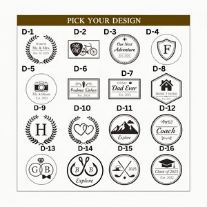 May include: A selection of design options for personalized items. The designs include a laurel wreath, a bicycle, a compass, a shield with an "F", a camera, a kitchen sign, "Dad Ever", a house, a monogram "H", two hearts, mountains, a coach emblem, a diamond ring, fishing hooks, golf clubs, and a graduation cap.