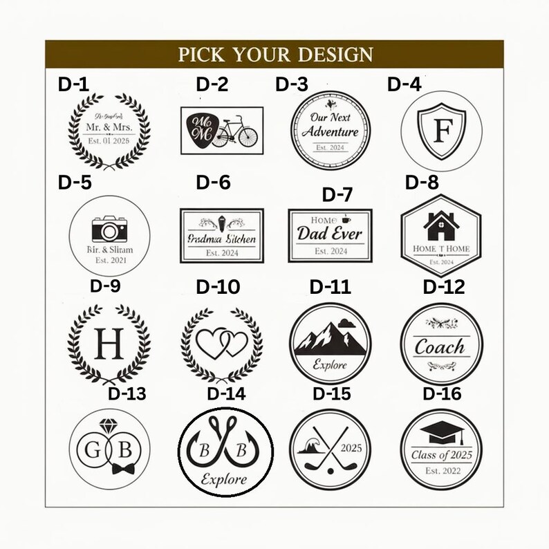 May include: A selection of design options for personalized items. The designs include a laurel wreath, a bicycle, a compass, a shield with an "F", a camera, a kitchen sign, "Dad Ever", a house, a monogram "H", two hearts, mountains, a coach emblem, a diamond ring, fishing hooks, golf clubs, and a graduation cap.