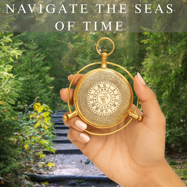 May include: A gold-colored pocket watch with Roman numerals and intricate detailing is held in a hand. The watch has a circular face and a decorative frame. The text "NAVIGATE THE SEAS OF TIME" is at the top of the image.