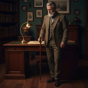 May include: A distinguished gentleman in a brown suit and vest, holding a wooden cane. The man stands in a classic study with a wooden desk, bookshelves, and framed artwork. The room is lit by a golden desk lamp.