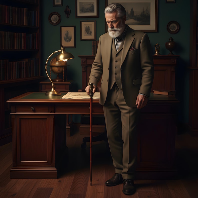 May include: A distinguished gentleman in a brown suit and vest, holding a wooden cane. The man stands in a classic study with a wooden desk, bookshelves, and framed artwork. The room is lit by a golden desk lamp.
