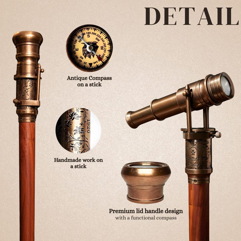May include: Detailed image of antique walking sticks and a telescope. The walking sticks have brass accents and wooden shafts. One stick features a compass. The image includes the text "DETAIL", "Antique Compass on a stick", "Handmade work on a stick", and "Premium lid handle design with a functional compass".