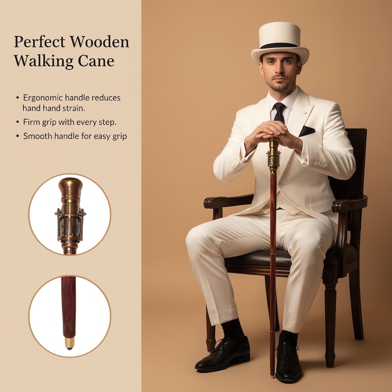 May include: A man in a white suit and top hat sits in a chair, holding a wooden walking cane. The cane has a dark brown shaft, a decorative brass handle, and a gold tip. The text "Perfect Wooden Walking Cane" is visible.