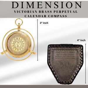 May include: A gold-colored Victorian brass perpetual calendar compass, 3 inches in diameter, with Roman numerals and intricate detailing. Includes a dark brown leather case, 4 inches tall, with the text "CAPTAIN CABIN MAP READER COMPASS WITH MAGNIFYING GLASS."