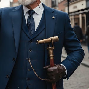 Puede incluir: Un traje azul marino con chaleco a juego y corbata estampada. La persona sostiene un bastón con un telescopio de latón en la parte superior y lleva guantes de cuero marrón. Una cadena dorada está sujeta al chaleco.