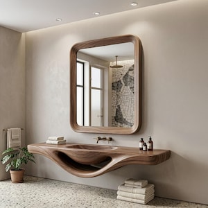 May include: A wall-mounted bathroom vanity featuring a curved, organic wooden basin and a matching rectangular wooden mirror with rounded corners. The vanity includes a brass faucet, and the set is complemented by stacked white towels and bottles.
