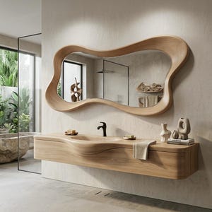 May include: A wall-mounted wooden vanity featuring a fluid, organic shape with a matching integrated sink and a matte black faucet. Above the vanity hangs a large, irregular, wavy-edged wooden mirror that reflects the bathroom interior.