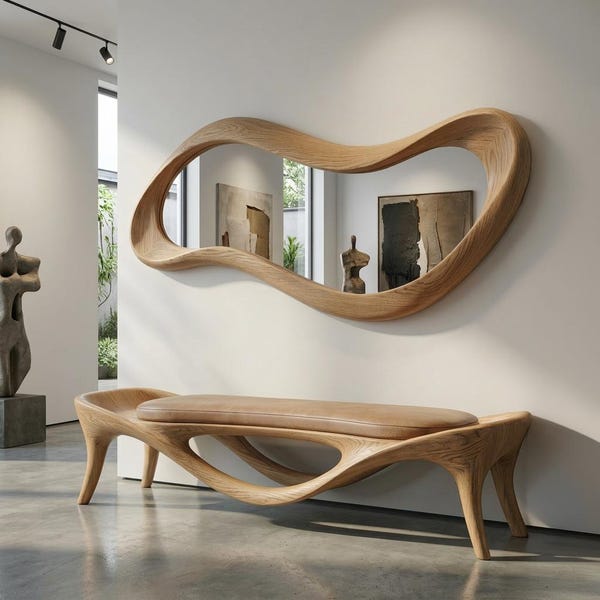 Handcrafted Oak Asymmetrical Mirror – Mid Century Modern Organic Wood Frame