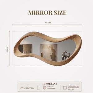 May include: An irregular, wavy-shaped wall mirror with a light-toned wooden frame featuring a visible grain pattern. The graphic includes the text MIRROR SIZE, WIDTH, HEIGHT, and IMPORTANT, noting that the size includes the wooden frame.