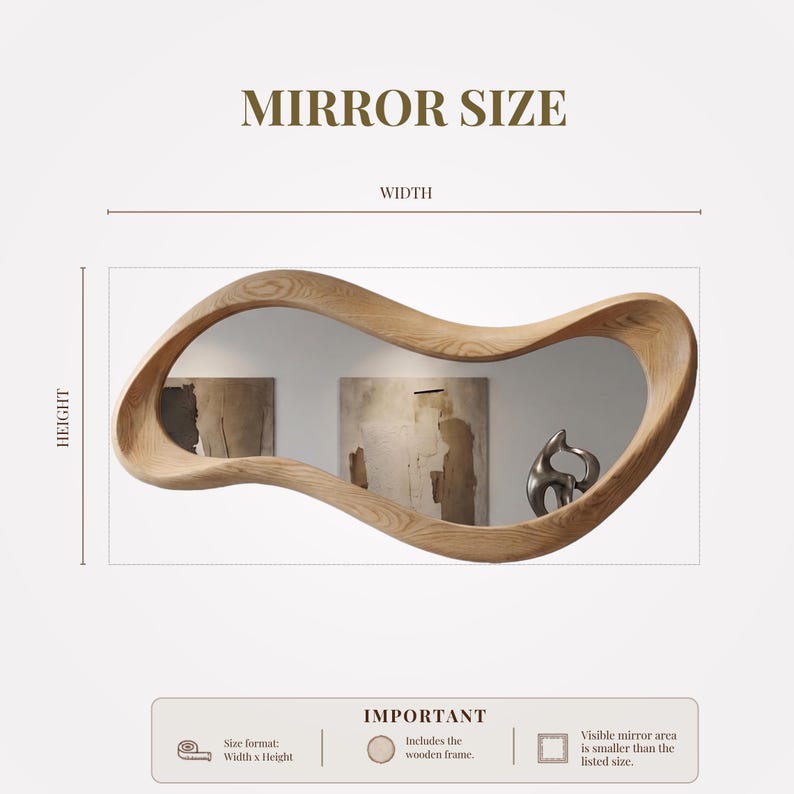 May include: An irregular, wavy-shaped wall mirror with a light-toned wooden frame featuring a visible grain pattern. The graphic includes the text MIRROR SIZE, WIDTH, HEIGHT, and IMPORTANT, noting that the size includes the wooden frame.
