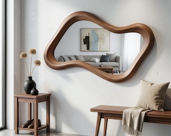 Walnut Asymmetrical Mirror – Mid-Century Modern Wooden Mirror