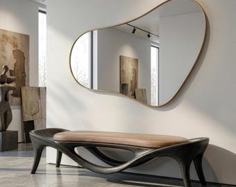 Banco escultural de roble negro, asiento de entrada de estilo moderno de mediados de siglo con diseño orgánico.