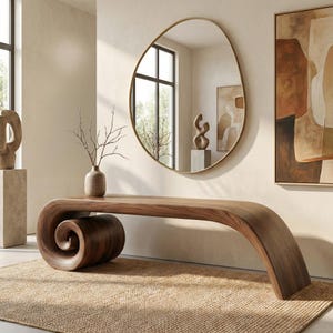 May include: A long, curved wooden bench with a prominent spiral scroll design at one end. The bench features a smooth, dark wood grain finish. It is positioned in a room with a large, irregular oval-shaped wall mirror and a beige textured rug.