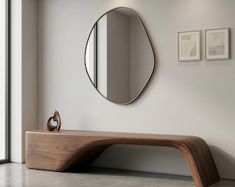 Banco escultural em nogueira maciça, assento orgânico moderno de meados do século para hall de entrada.