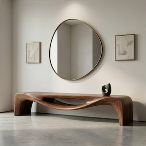 Solid Walnut Sculptural Bench, Mid Century Modern Organic Entryway Seating