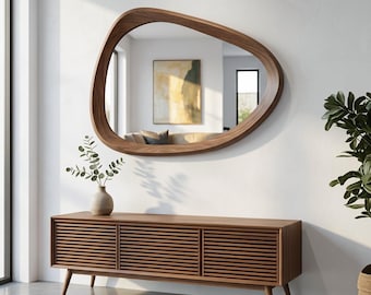 Asymmetrical Walnut Wood Mirror: Modern Entryway Wall Decor