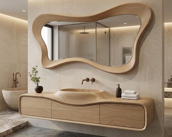 Asymmetrischer Spiegel aus Eichenholz - Mid Century Modern Organic Wanddekor
