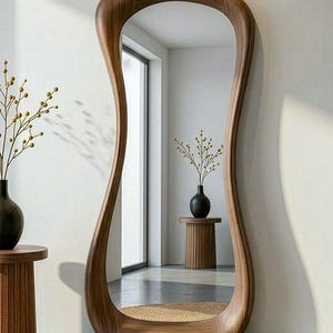 Asymmetrisk helfigursspegel i äkta valnöt – Mid Century Modern Art Decor bild 2