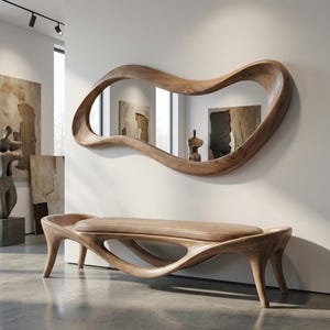 Asymmetrischer Spiegel aus Walnussholz - Mid-Century Modern, Abstraktes Wanddekor