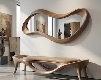 Espejo asimétrico de madera de nogal - Decoración de pared abstracta de estilo moderno de mediados de siglo