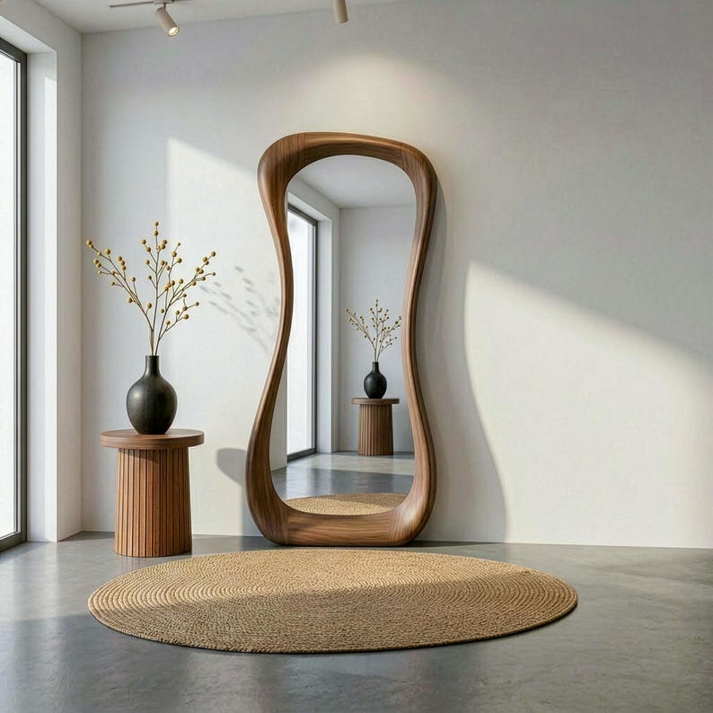 Asymmetrisk helfigursspegel i äkta valnöt – Mid Century Modern Art Decor bild 3