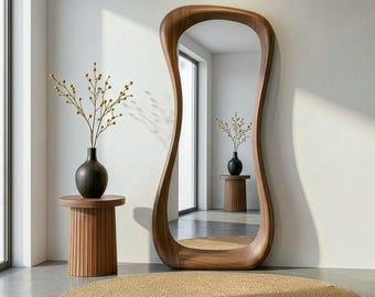 Echter Walnuss asymmetrischer Ganzkörper-Spiegel - Mid Century Modern Art Decor