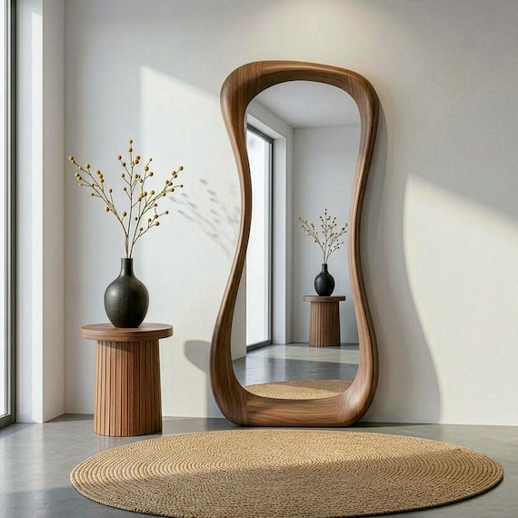 Real Walnut Asymmetrical Full Length Mirror – Mid Century Modern Art Decor
