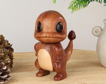 Handmade Sapele Wood Charmander Figurine with Movable Head