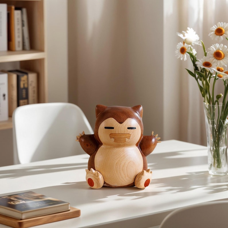 May include: A wooden Snorlax figurine with a light brown body and a darker brown head and limbs. The figure is posed with arms outstretched. The feet have red accents. It is sitting on a white table. The figurine is approximately 15 cm tall.