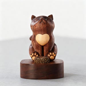 May include: A handcrafted wooden cat figurine with a heart-shaped inlay on its chest. The cat is brown with a light-colored heart and paw pads. It sits on a dark brown rectangular base, showcasing detailed wood grain and craftsmanship.