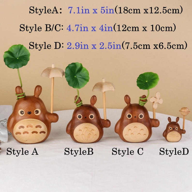 Pu&ograve; includere: Statuine in legno di un personaggio dei cartoni animati, ognuna con accessori unici. Lo stile A misura 18 cm x 12,5 cm, lo stile B/C misura 12 cm x 10 cm e lo stile D misura 7,5 cm x 6,5 cm. Le statuine sono marroni con pance bianche e occhi rotondi.