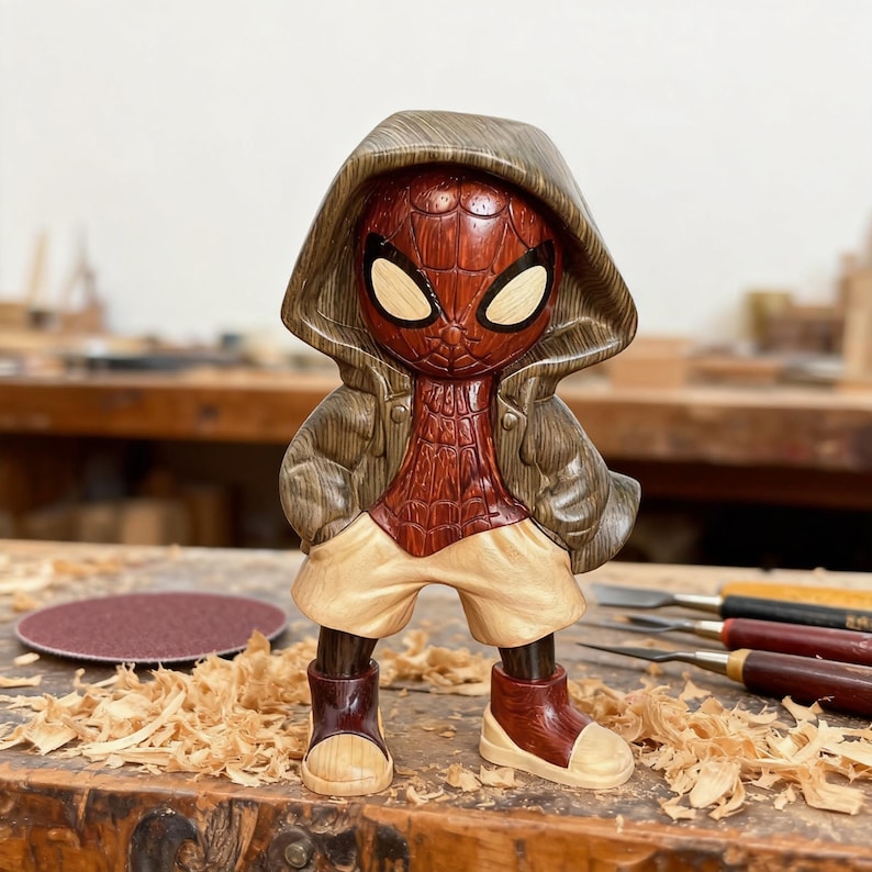 May include: A wooden Spider-Man figurine with a hooded jacket and shorts. The figure has a red and brown color scheme, with tan shorts and shoes. The figure is standing on a wooden surface with wood shavings.
