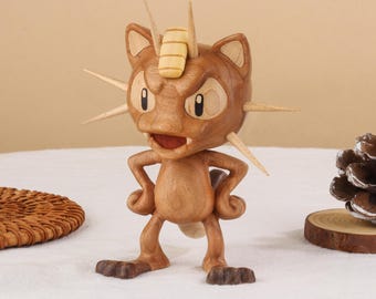 木製コイン猫ポケモン、ニャース風フィギュア、マグネット式取り外し可能フィギュア、アニメ木製彫刻