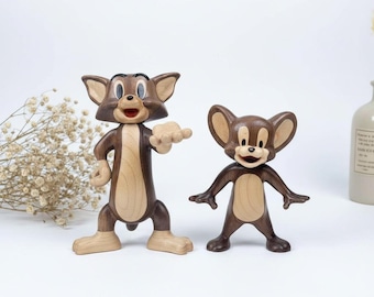 トムとジェリーの木製像、クルミ材の工芸品、手作りの漫画キャラクターアート
