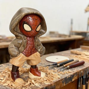 May include: A wooden sculpture of Spider-Man wearing a hoodie and shorts. The figure is carved from various wood tones, with a red and brown color scheme for the Spider-Man suit and a tan hoodie. The sculpture stands on a wooden surface.