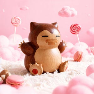May include: A wooden Snorlax figure with a light brown belly and dark brown back and head. The figure has a smiling expression and is surrounded by pink lollipops, macarons, and fluffy clouds against a pink background.