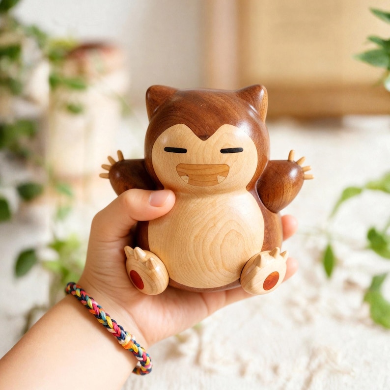 May include: A wooden Snorlax figurine, with a light brown belly and face, and darker brown accents on the ears, arms, and feet. The figurine has a relaxed expression and is handcrafted. The figure is approximately 10 cm tall.
