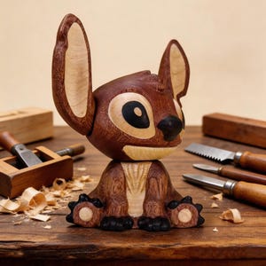 May include: A handcrafted wooden figurine of a cartoon character with large ears, a black nose, and large eyes. The figure is brown with lighter wood accents and sits on a wooden surface. Woodworking tools are visible in the background.