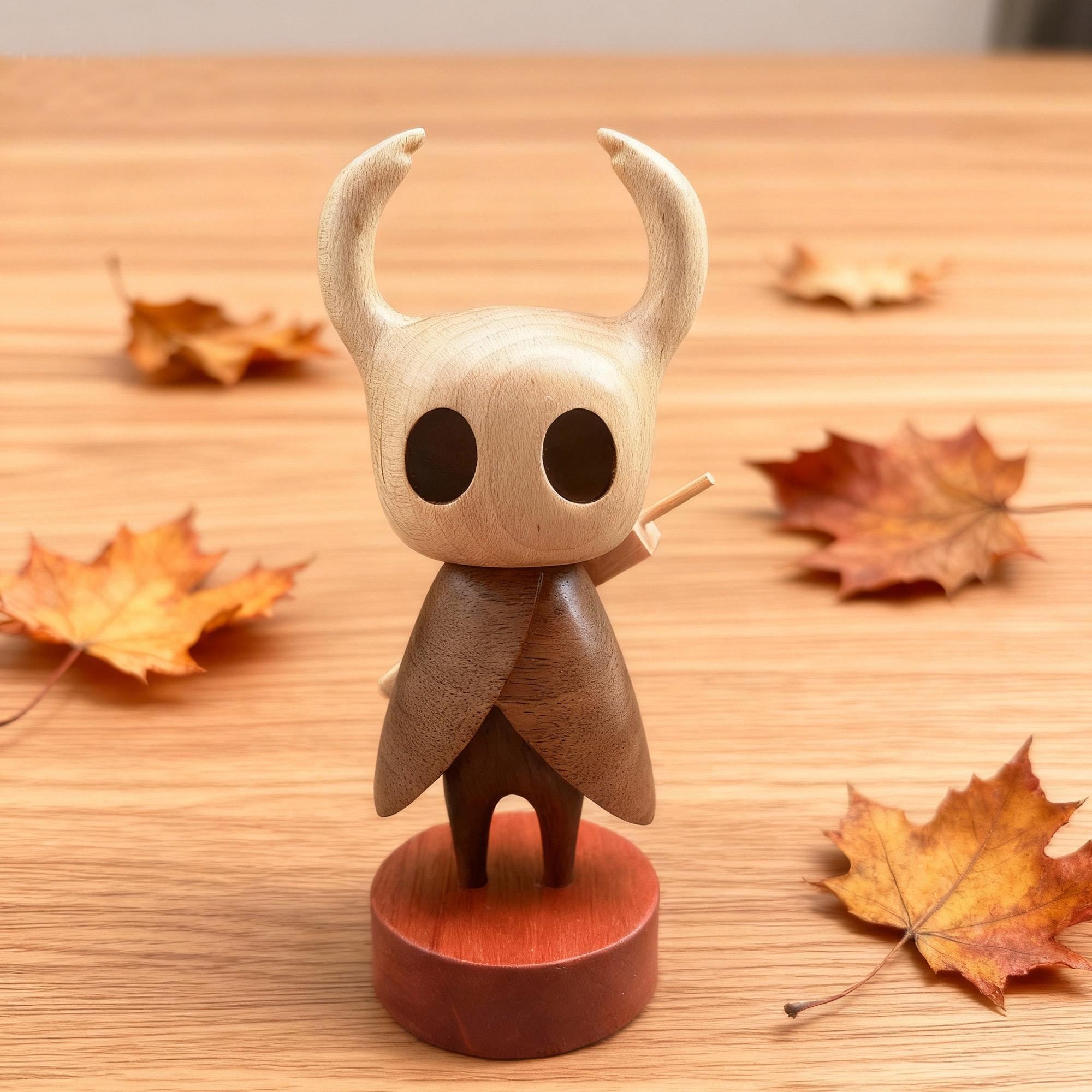 Handcrafted Hollow Knight Figurine, Engraved Black Walnut & Beech