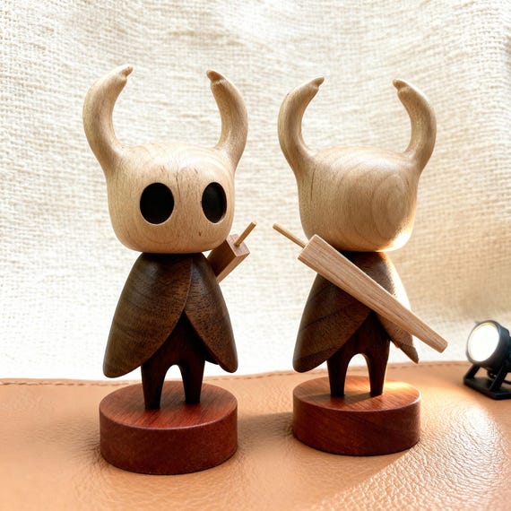 Handcrafted Hollow Knight Figurine, Engraved Black Walnut & Beech