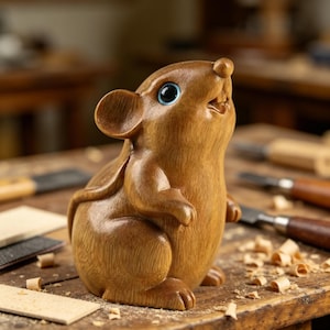 Könnte beinhalten: Detaillierte Holzskulptur einer Maus mit blauen Augen, geschnitzt aus hellbraunem Holz. Die Maus blickt nach oben, der Mund ist geöffnet. Die Skulptur steht auf einer Holzoberfläche mit Schnitzwerkzeugen im Hintergrund.