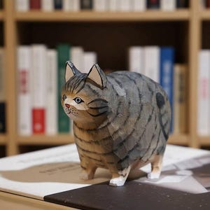 May include: A hand-carved wooden cat figurine. The cat is gray and brown with black stripes, and has white paws and ears. The cat is standing on a surface with a blurred background of books.