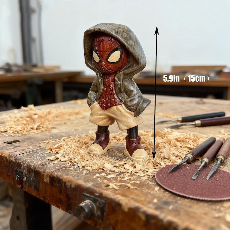 May include: A wooden figurine of a superhero in a hoodie, shorts, and boots. The figure is 5.9 inches (15 cm) tall. The superhero's mask and chest have a webbed design. The hoodie is olive green, and the shorts are tan.
