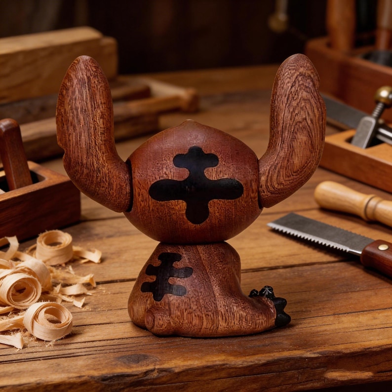 May include: A handcrafted wooden figurine of a cartoon character with large ears and a black emblem on its body. The figurine is made of dark brown wood and sits on a wooden surface. Other woodworking tools are visible in the background.