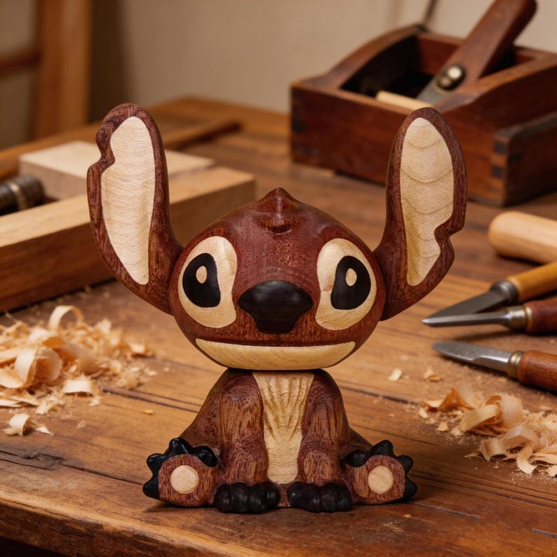 May include: A handcrafted wooden figurine of a cartoon character with large ears, black eyes, and a black nose. The figure is made of dark brown and light brown wood, with visible wood grain. The figurine is sitting on a wooden surface.
