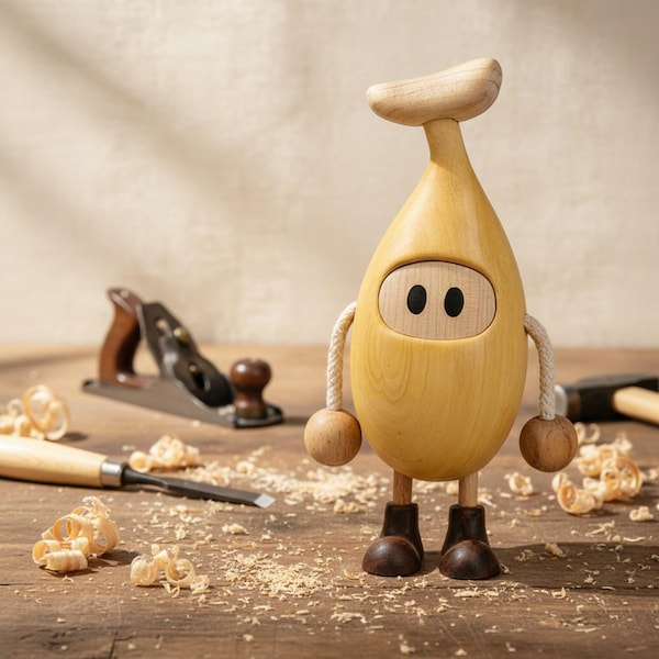 Handgeschnitzter Bananenmann aus Holz - Personalisierte Namensgravur - Einzigartiges Holzfigurengeschenk
