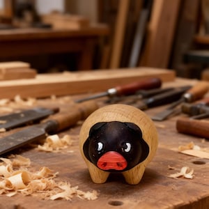 May include: A wooden pig figurine with a light brown body and a black face. The pig has a red snout and small white eyes. The figurine is on a wooden surface with woodworking tools in the background.