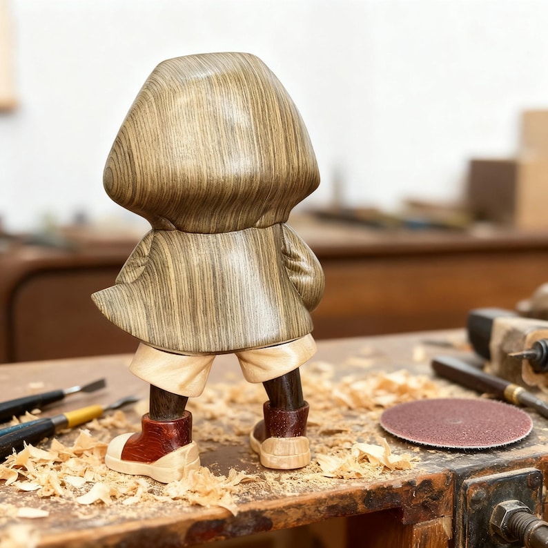 May include: A wooden figurine of a person, viewed from the back, wearing a hooded jacket and shorts. The jacket is a light brown with vertical grain, and the shorts are off-white. The figurine's shoes are brown and white, and it stands on a wooden surface.