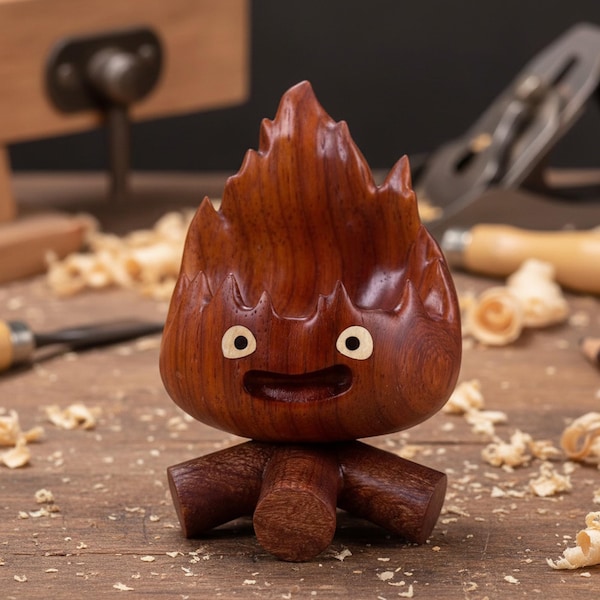 Handmade Walnut Calcifer Phone Stand, Studio Ghibli Desk Decor